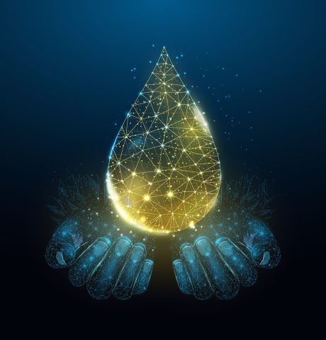 Oil drop. Wireframe glowing low poly design on dark blue background. Abstract futuristic vector illustration